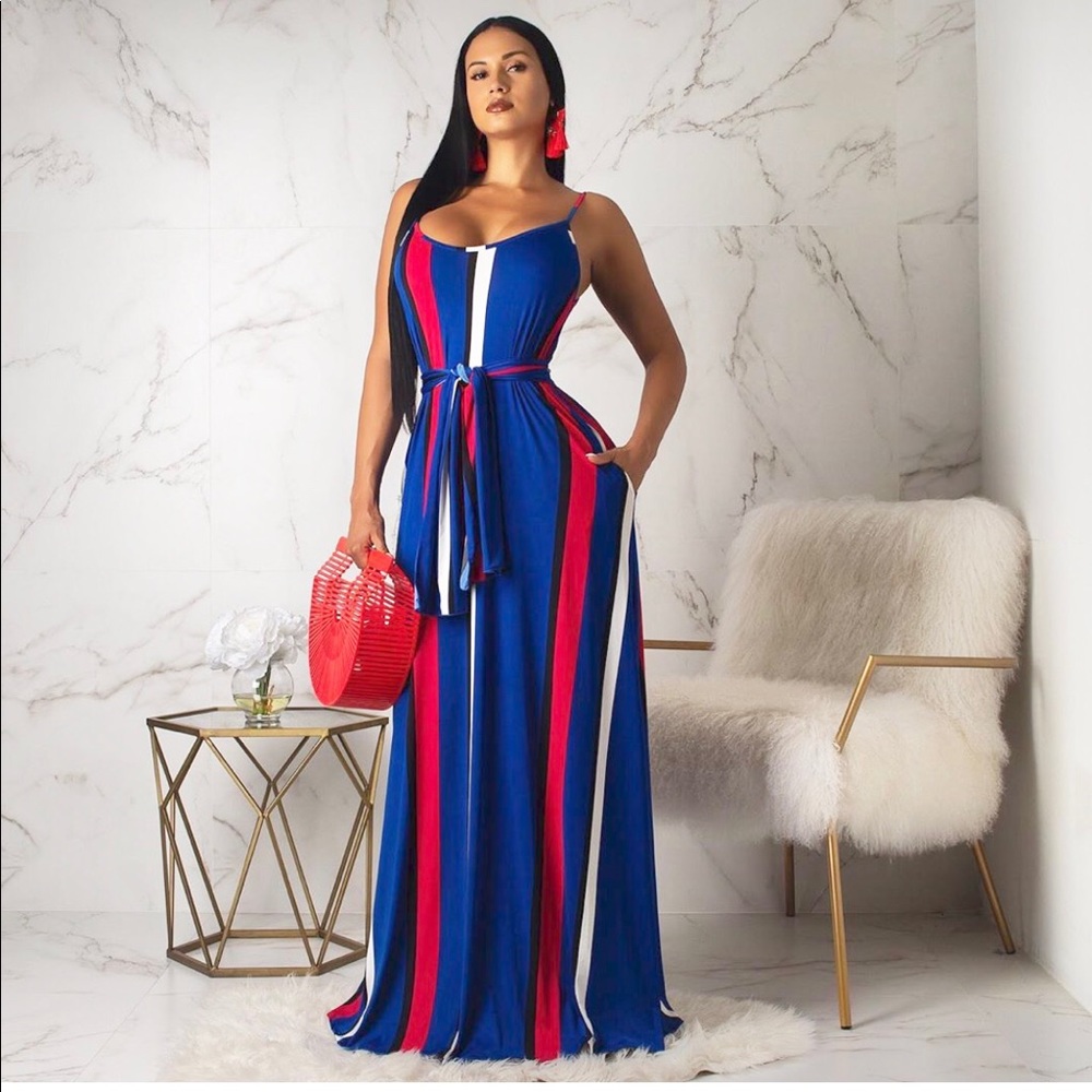 Red Blue White Stretch Sleeveless Loose Maxi Dress - Picture 4 of 7